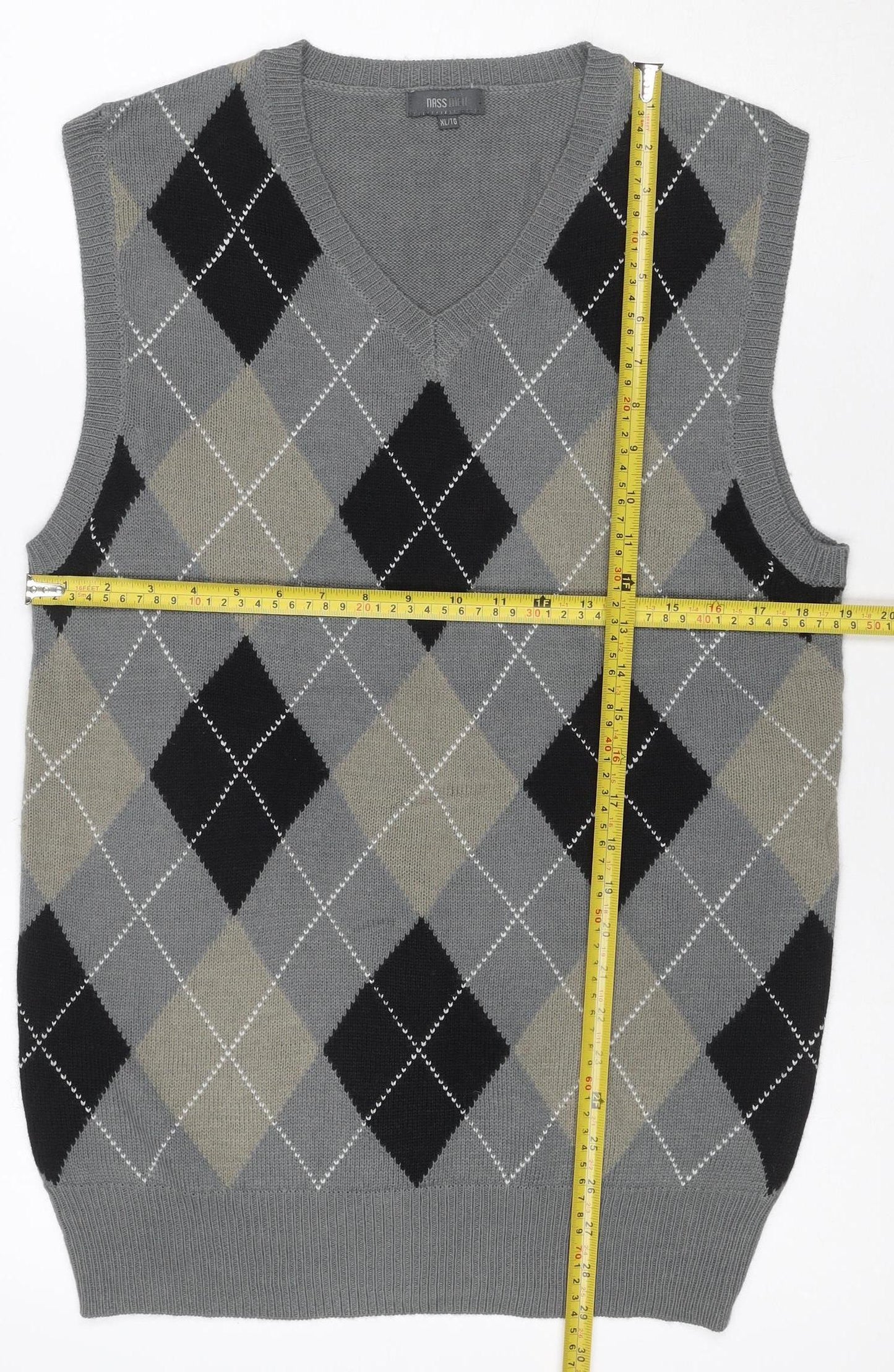 Nass Men Grey XL Argyle V-Neck Knit Sweater Vest Wool Blend