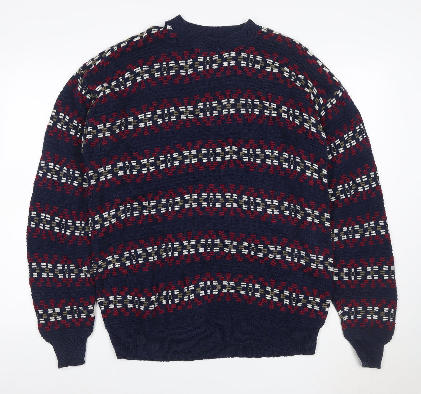 Robert Stock Men’s Blue Fair Isle Cotton Jumper Size L Retro 90s