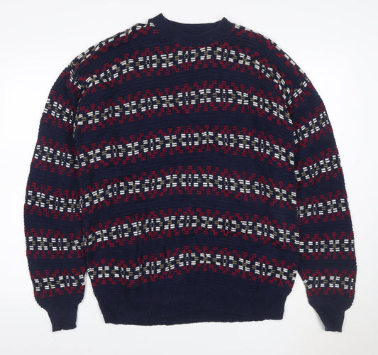 Robert Stock Men’s Blue Fair Isle Cotton Jumper Size L Retro 90s