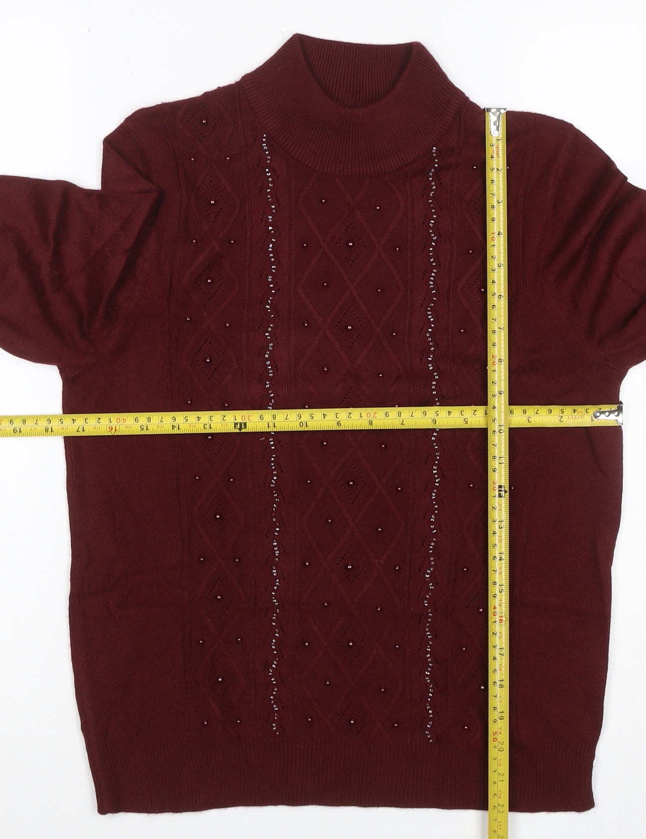 Tradition Women’s Burgundy UK 8 Roll Neck Argyle Beaded Jumper