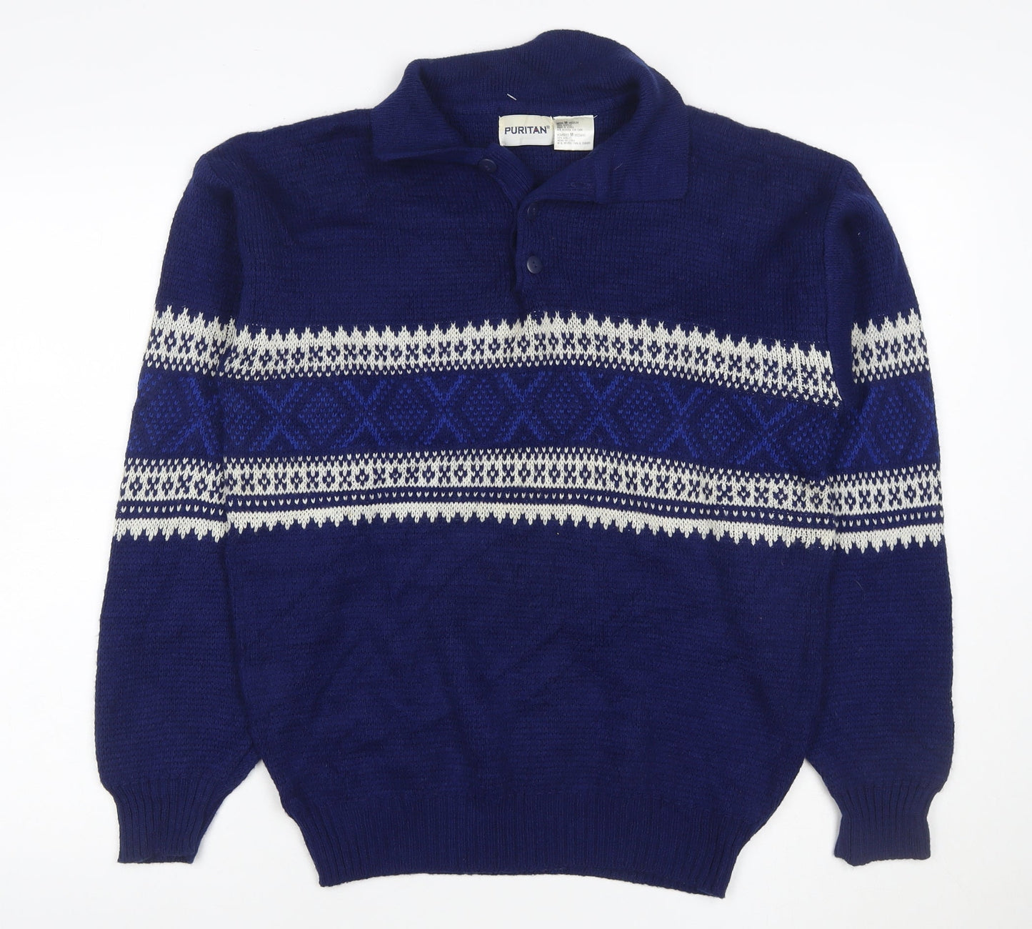 Puritan Men’s Blue M Fair Isle Collared Henley Acrylic Jumper