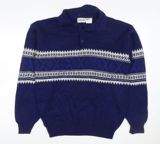 Puritan Men’s Blue M Fair Isle Collared Henley Acrylic Jumper