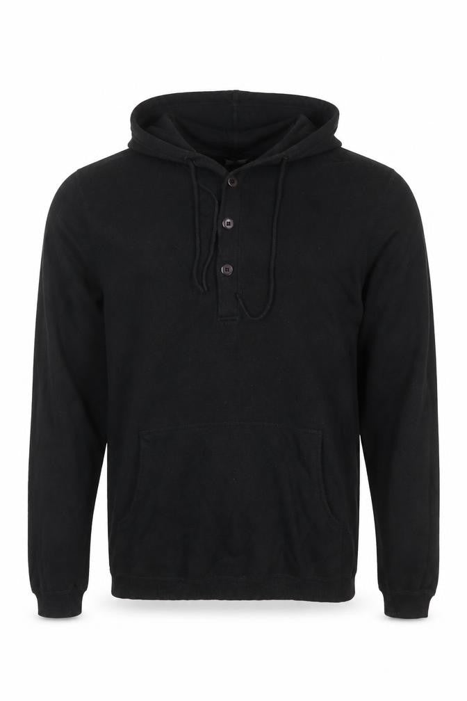 Selected Men Black L Hooded Henley Pullover Cotton Kangaroo Pocket