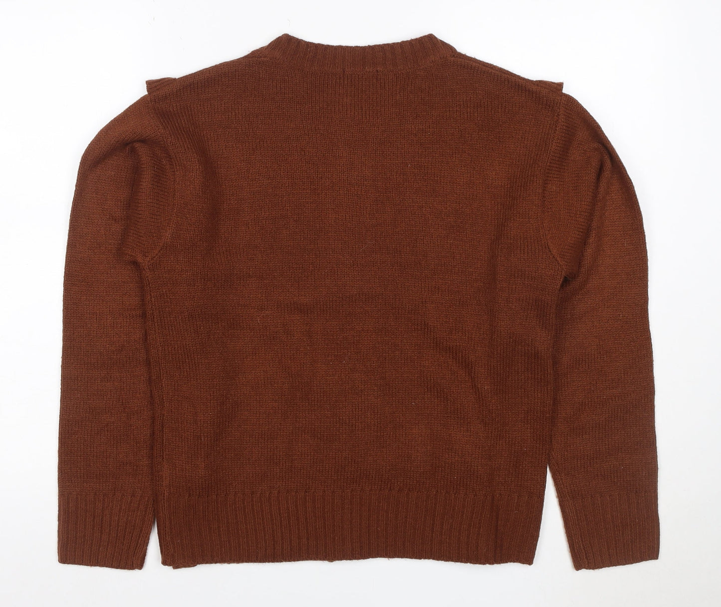 Boohoo Women Brown M Cable Knit Ruffle Button Cardigan