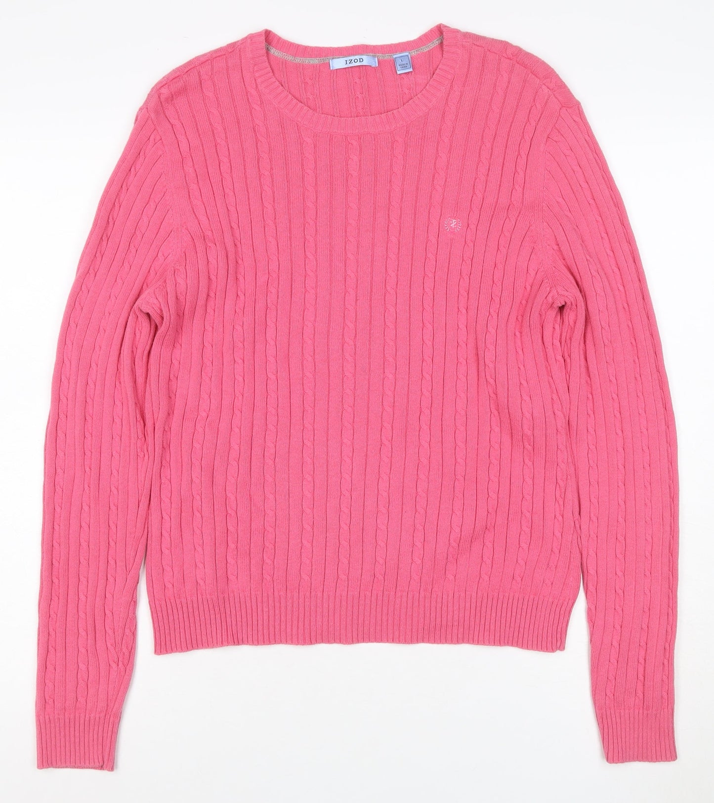 IZOD Women’s Pink L Cable-Knit Cotton Crew Neck Pullover Jumper