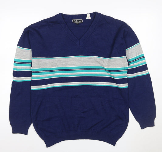 Palermo Men's Blue M V-Neck Striped Acrylic Knit Pullover Jumper