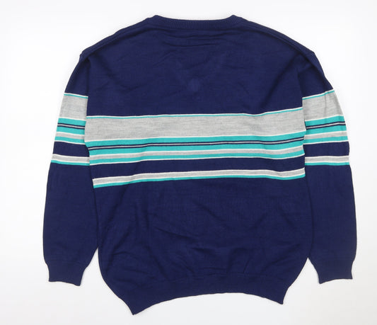 Palermo Men's Blue M V-Neck Striped Acrylic Knit Pullover Jumper