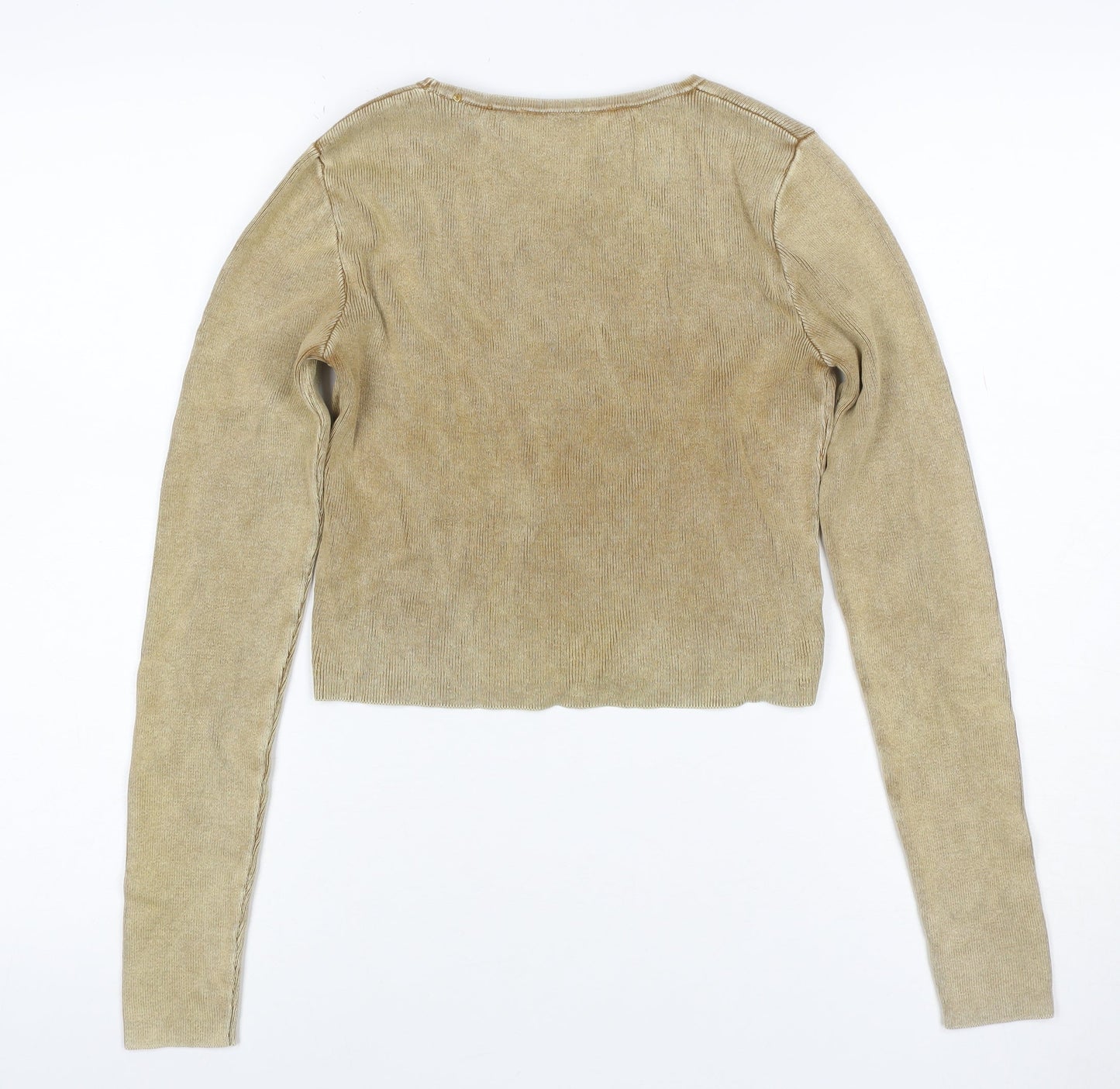 Zara Women Gold Knit Long Sleeve Basic Top UK 12 Cotton Blend