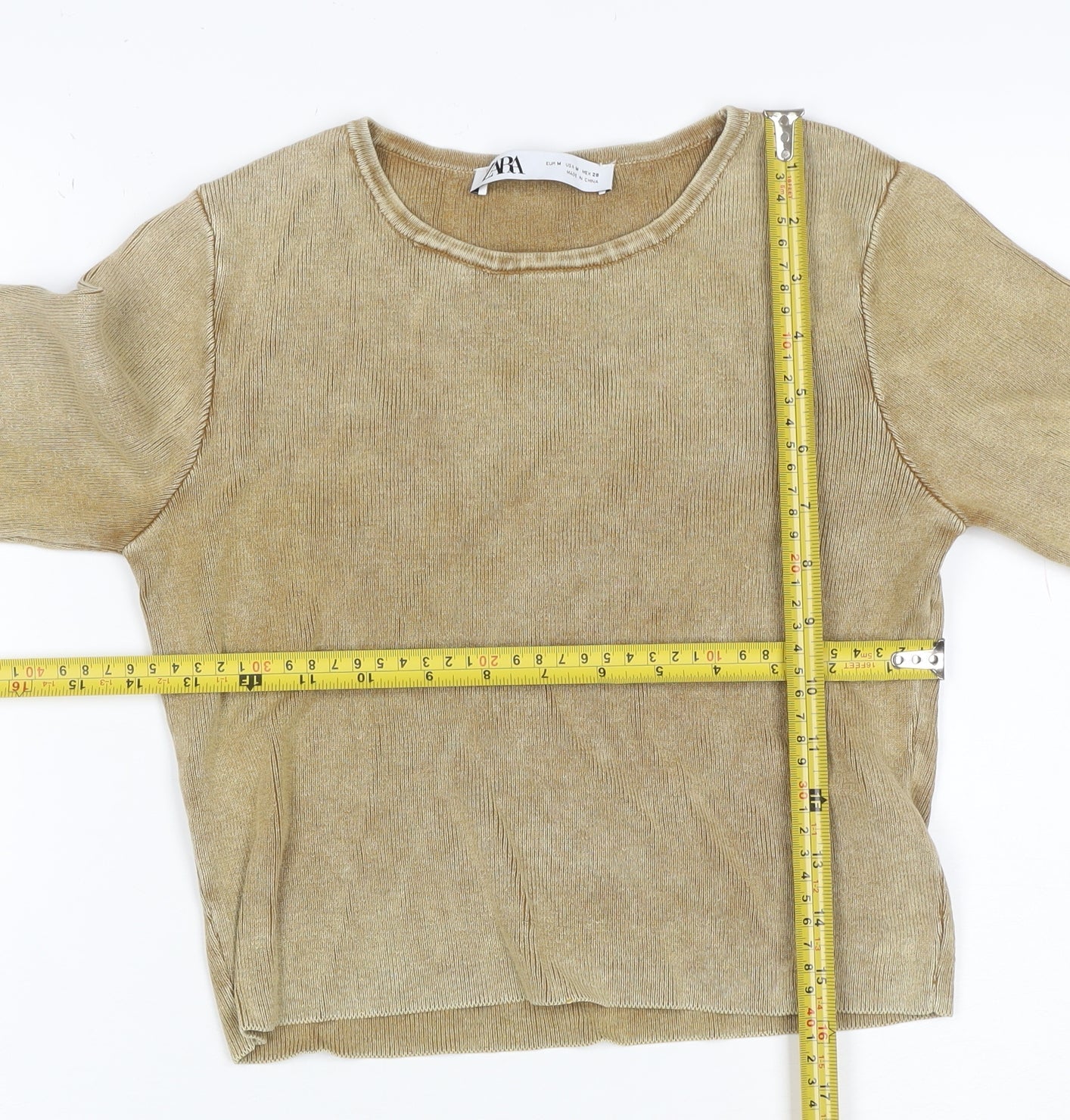 Zara Women Gold Knit Long Sleeve Basic Top UK 12 Cotton Blend
