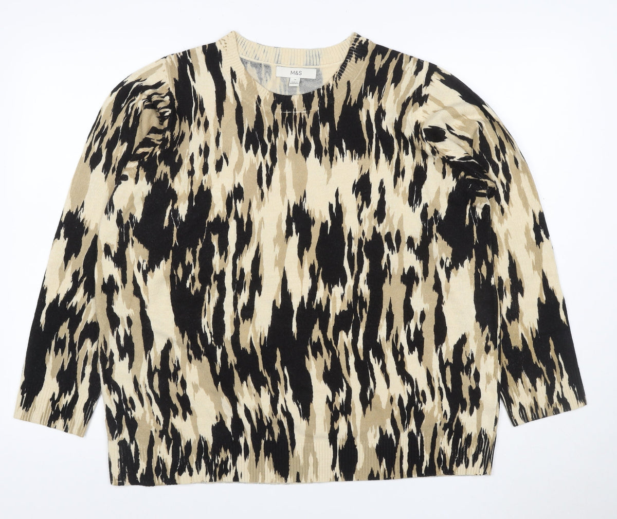 M&S Women’s Beige Animal Print Crew Neck Knit Jumper Size 18