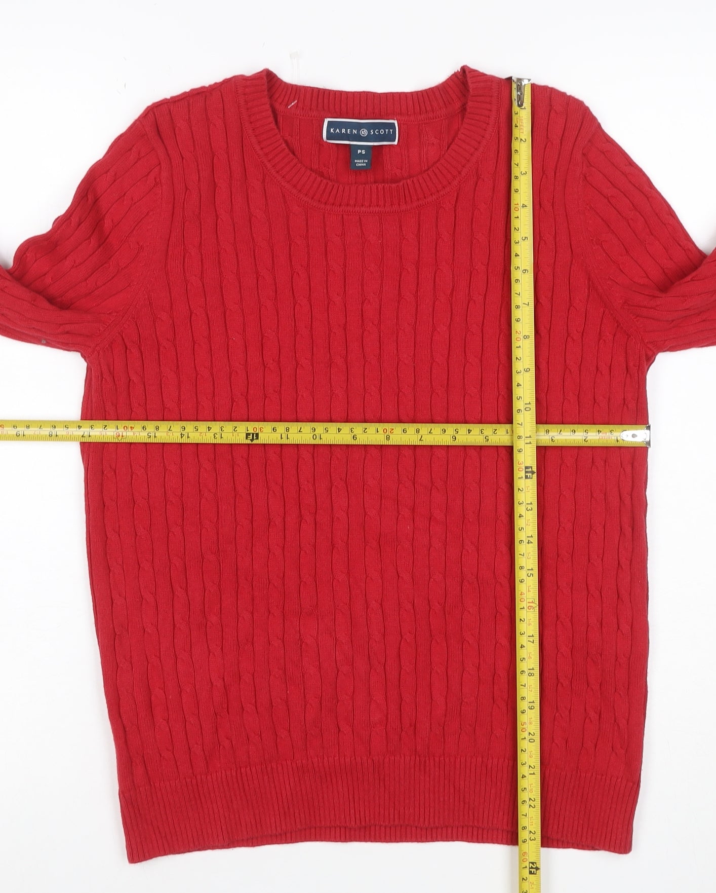Karen Scott Women Red S Petite Cable Knit Cotton Crew Neck Jumper