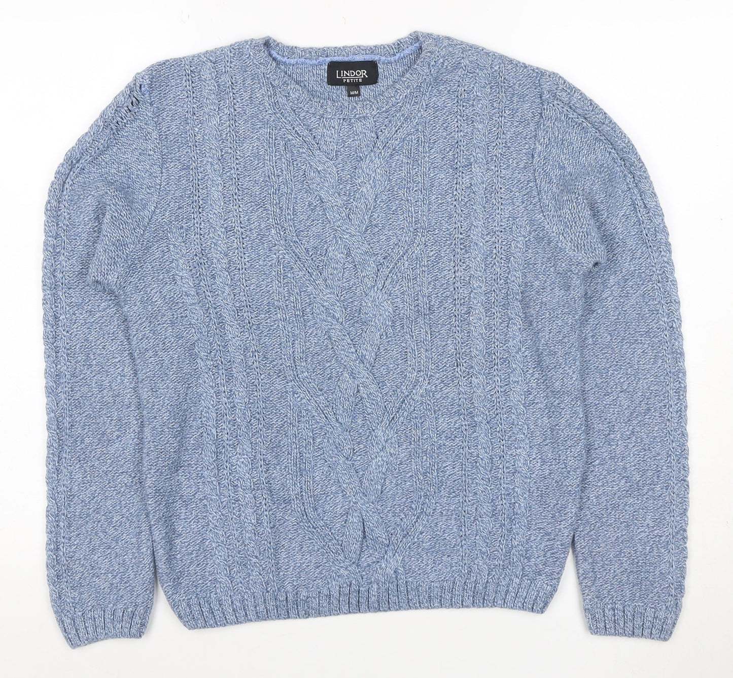 Lindor Petite Women’s Blue M Cable Knit Cotton Blend Jumper