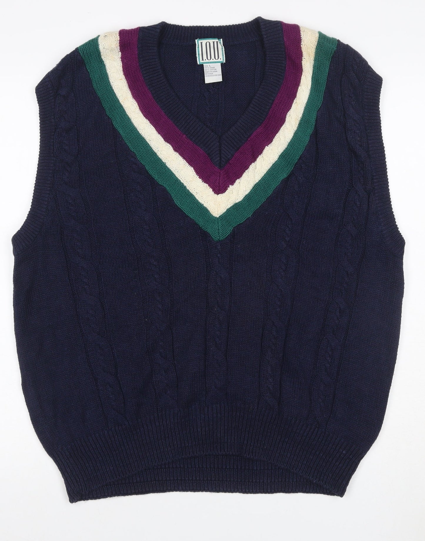 I.O.U. Men’s Multicoloured L Cable Knit V-Neck Ramie Cotton Vest