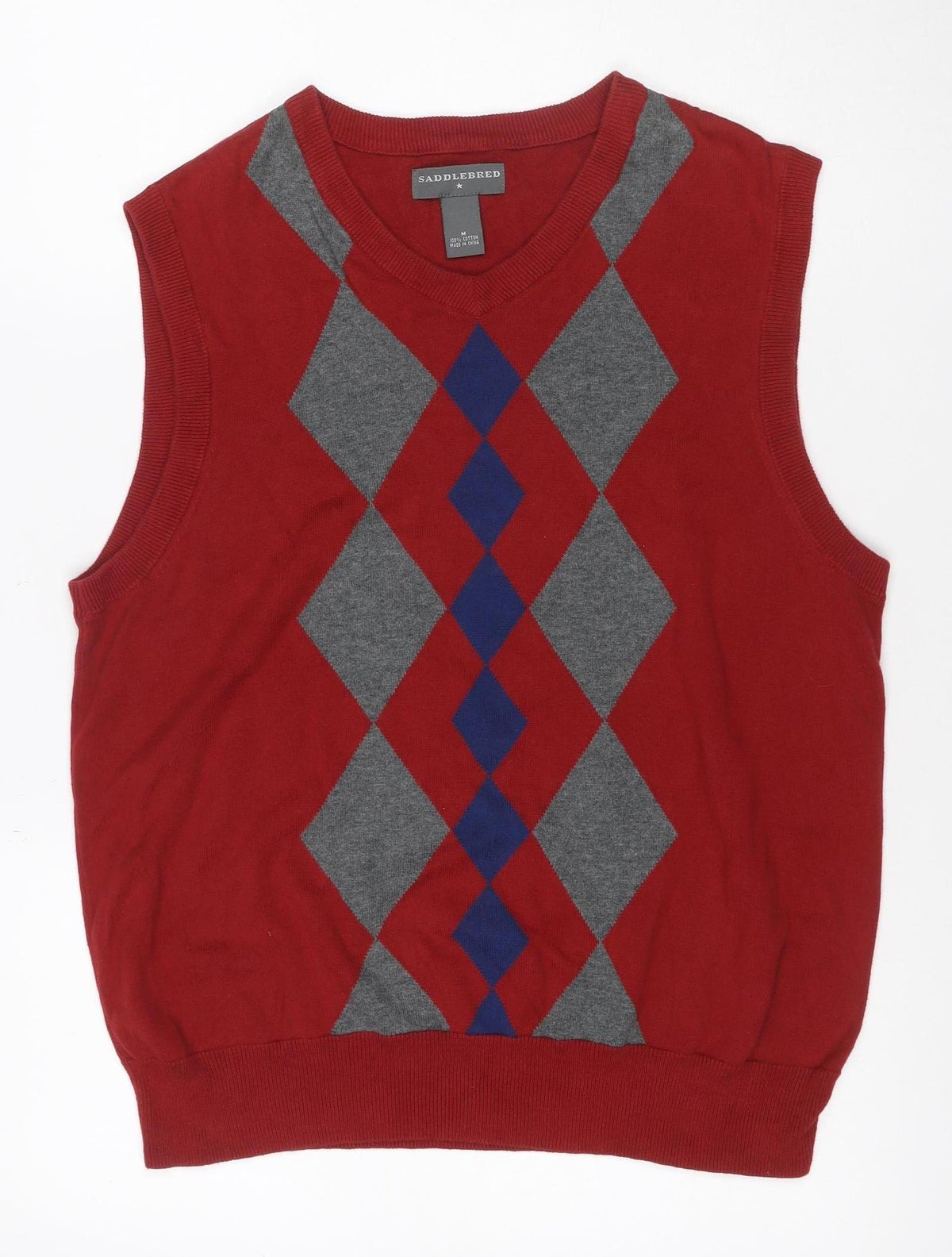 Back view of Saddlebred Men’s Red M Argyle Knit Sleeveless Crew Neck Jumper Vest