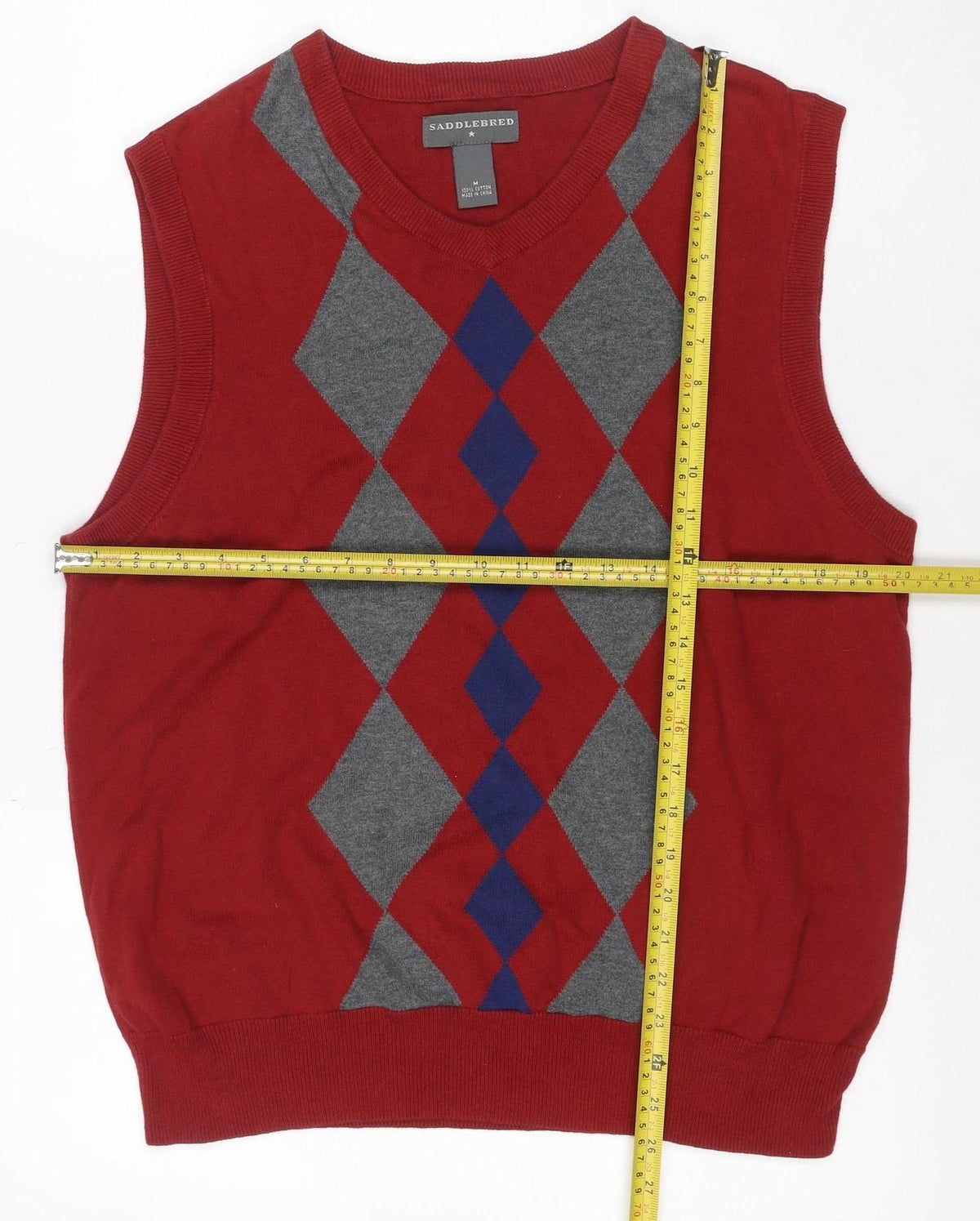 Brand and care label for Saddlebred Men’s Red M Argyle Knit Sleeveless Crew Neck Jumper Vest