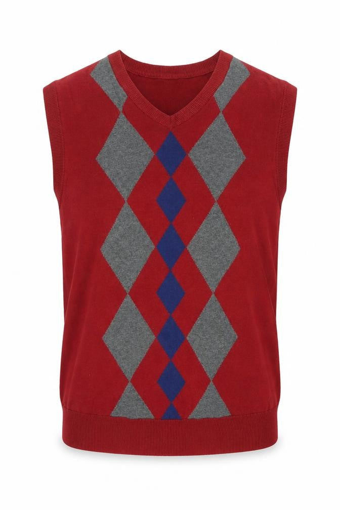 Front view of Saddlebred Men’s Red M Argyle Knit Sleeveless Crew Neck Jumper Vest