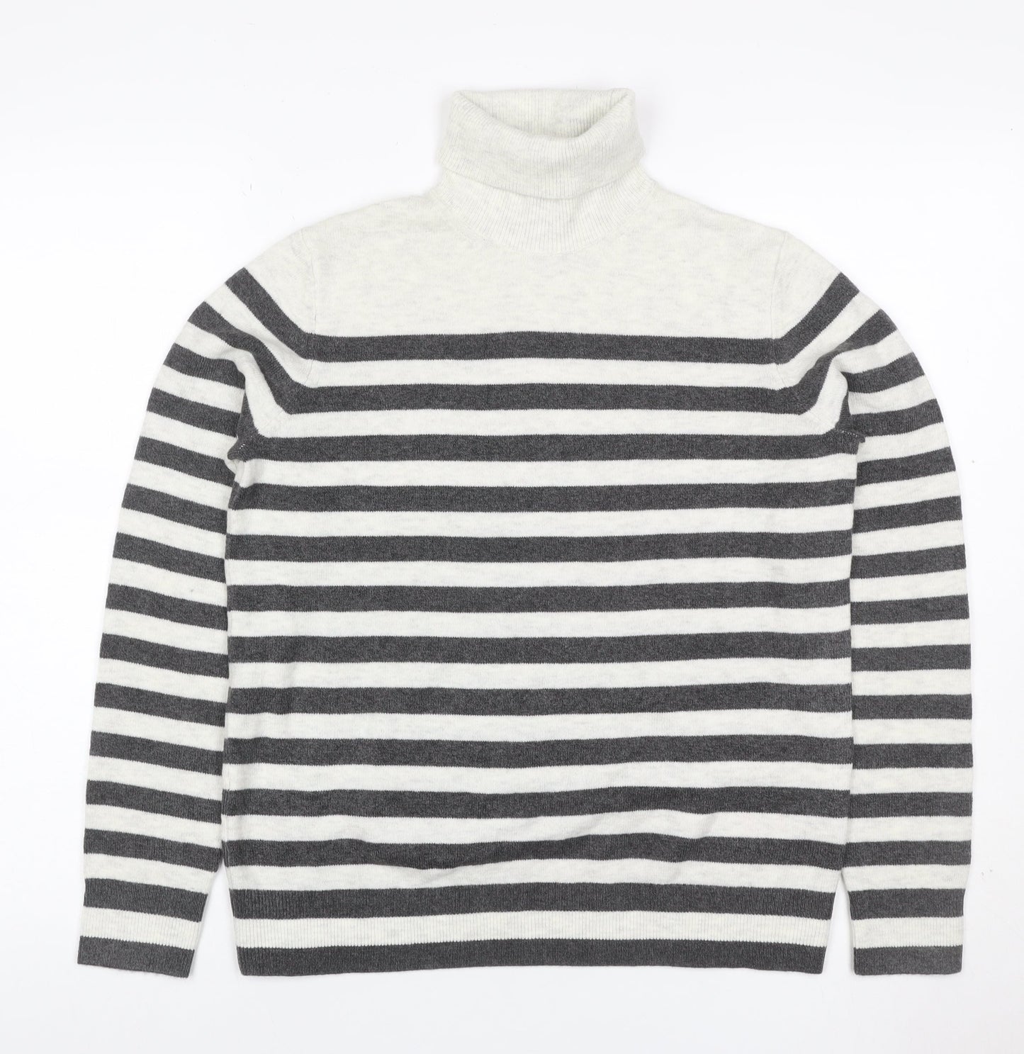 Marks and Spencer Women Grey Ivory Striped Roll Neck Jumper Size S
