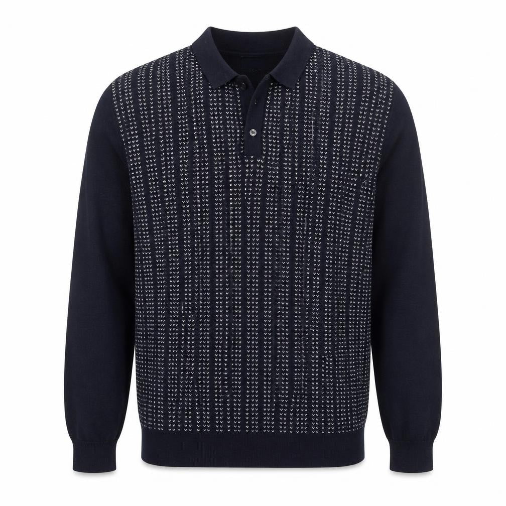 Easy Mens Blue L Collared Henley Geometric Knit Wool Blend Jumper