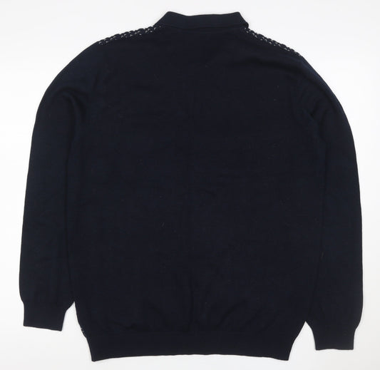 Easy Mens Blue L Collared Henley Geometric Knit Wool Blend Jumper
