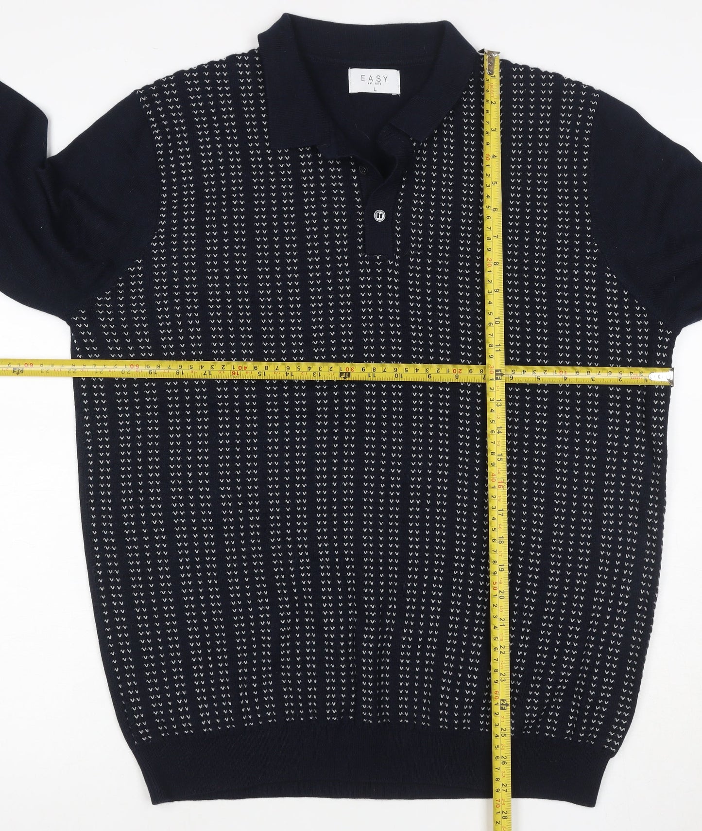 Easy Mens Blue L Collared Henley Geometric Knit Wool Blend Jumper