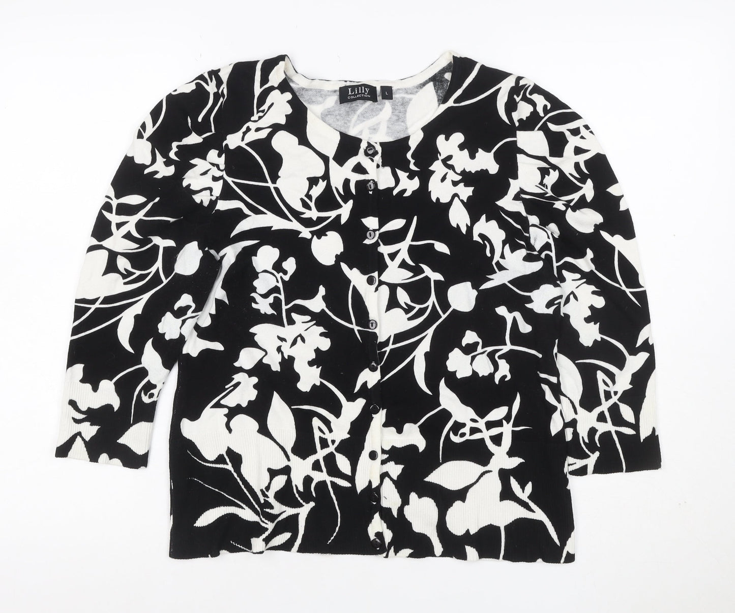Lilly Collection Women’s Black White Floral Knit Cardigan L