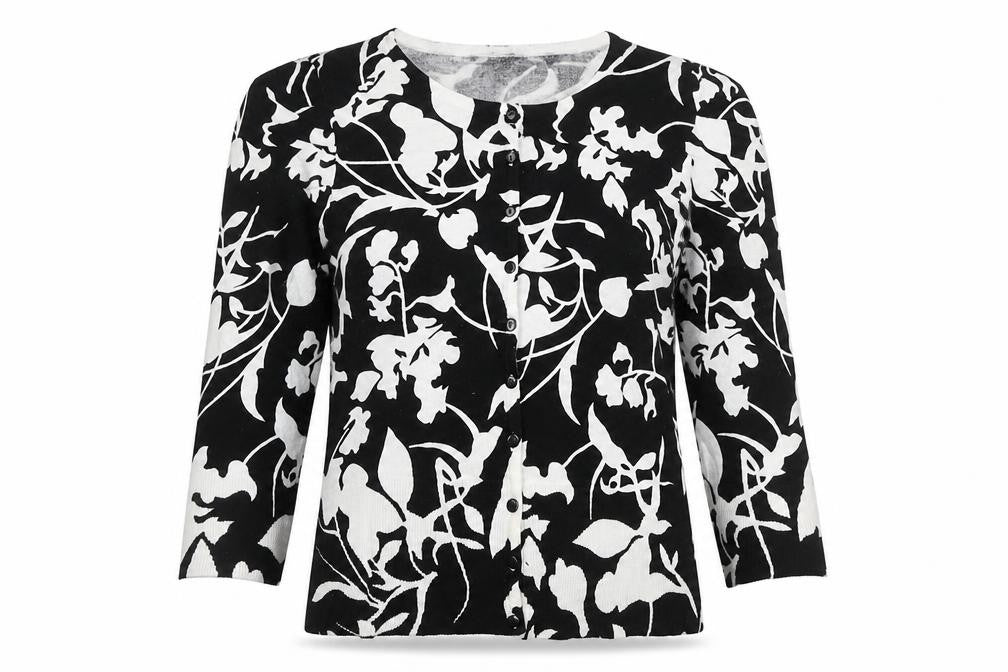 Lilly Collection Women’s Black White Floral Knit Cardigan L