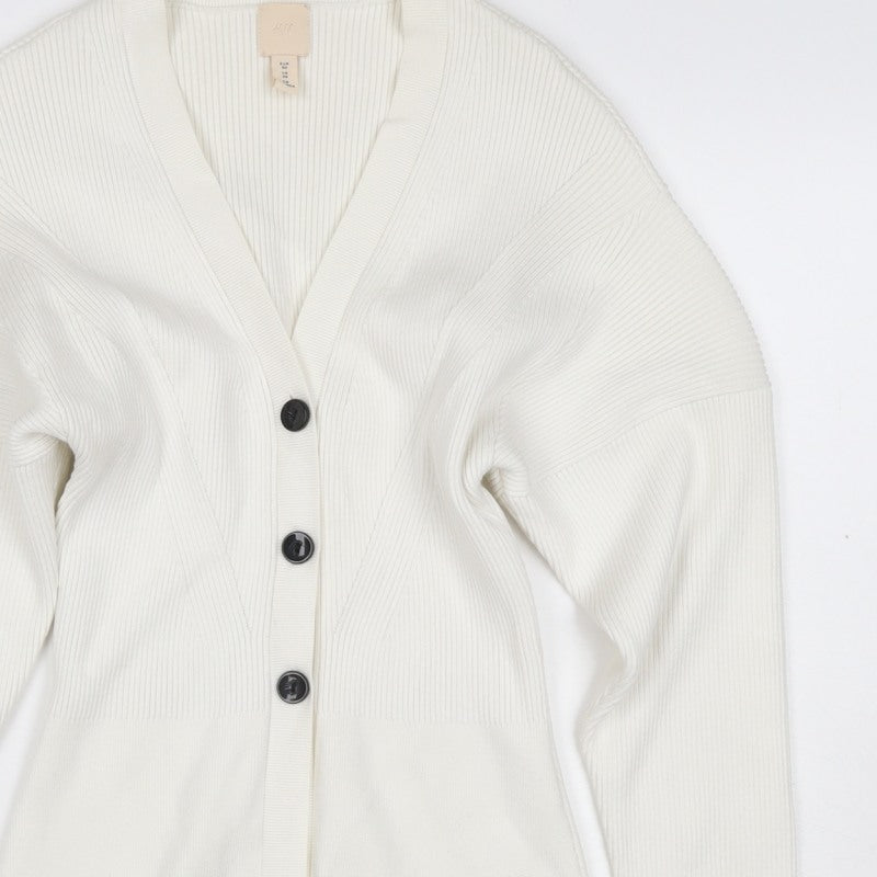 H&M Women Ivory XS Rib Knit V-Neck Button Cardigan