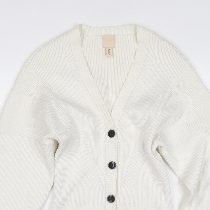 H&M Women Ivory XS Rib Knit V-Neck Button Cardigan
