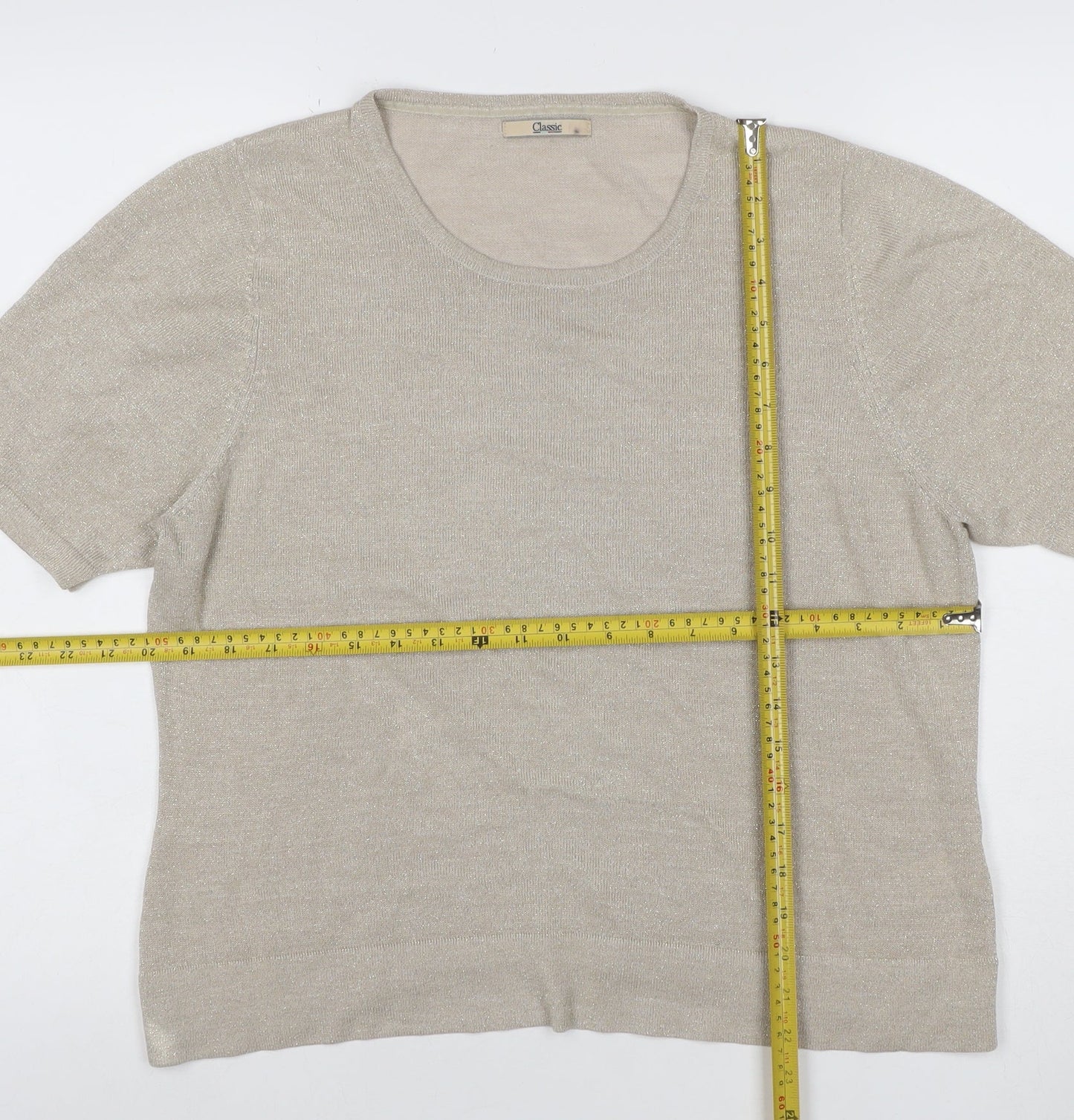 Marks and Spencer Women Beige Glitter Knit Short Sleeve Top UK 18