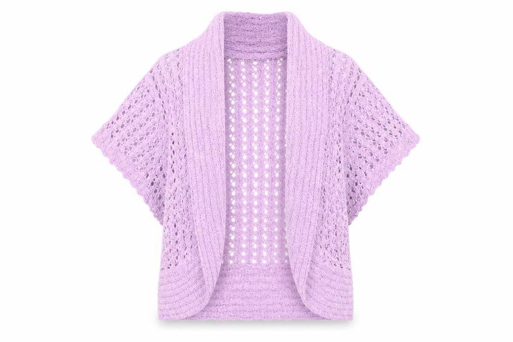 Front view of Roman Originals women’s purple m open knit short sleeve cardigan