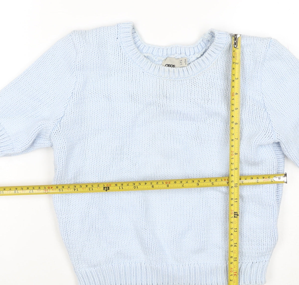 Close-up detail of ASOS Women Blue UK 10 Chunky Knit Short Sleeve Crew Neck Jumper
