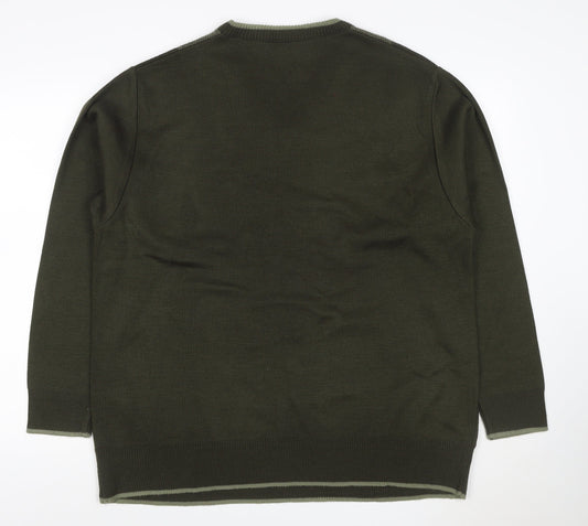 Cavalli Men’s Green L Geometric V-Neck Knit Pullover Jumper