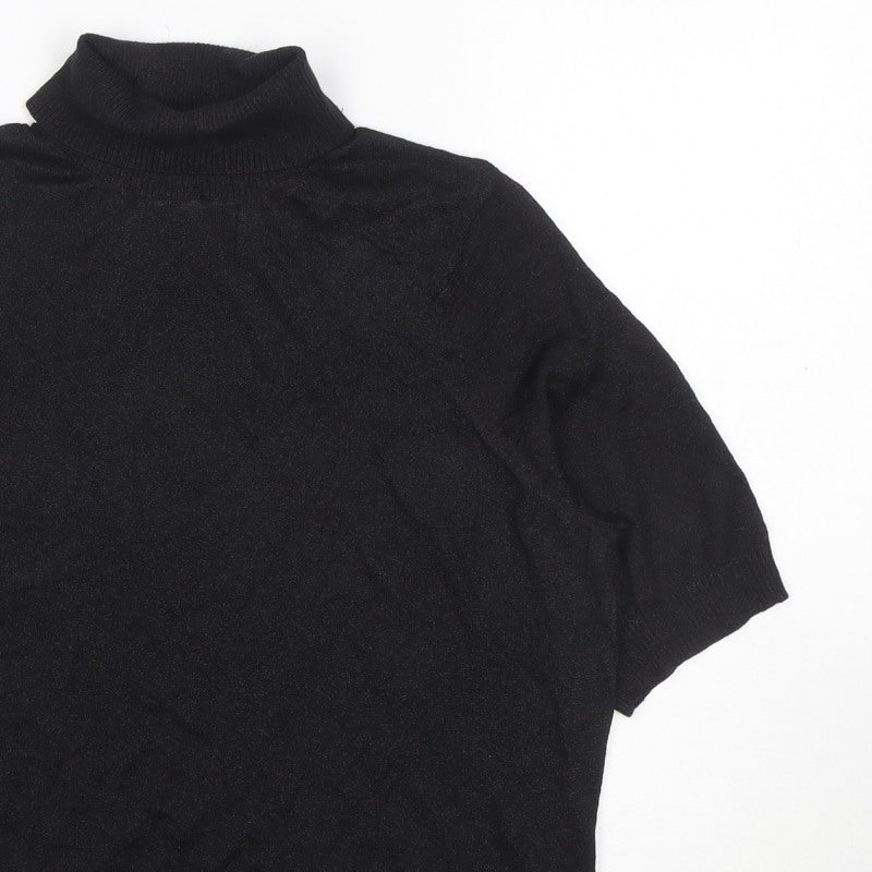 Marks and Spencer Women Black M Roll Neck Short Sleeve Knit Basic Top