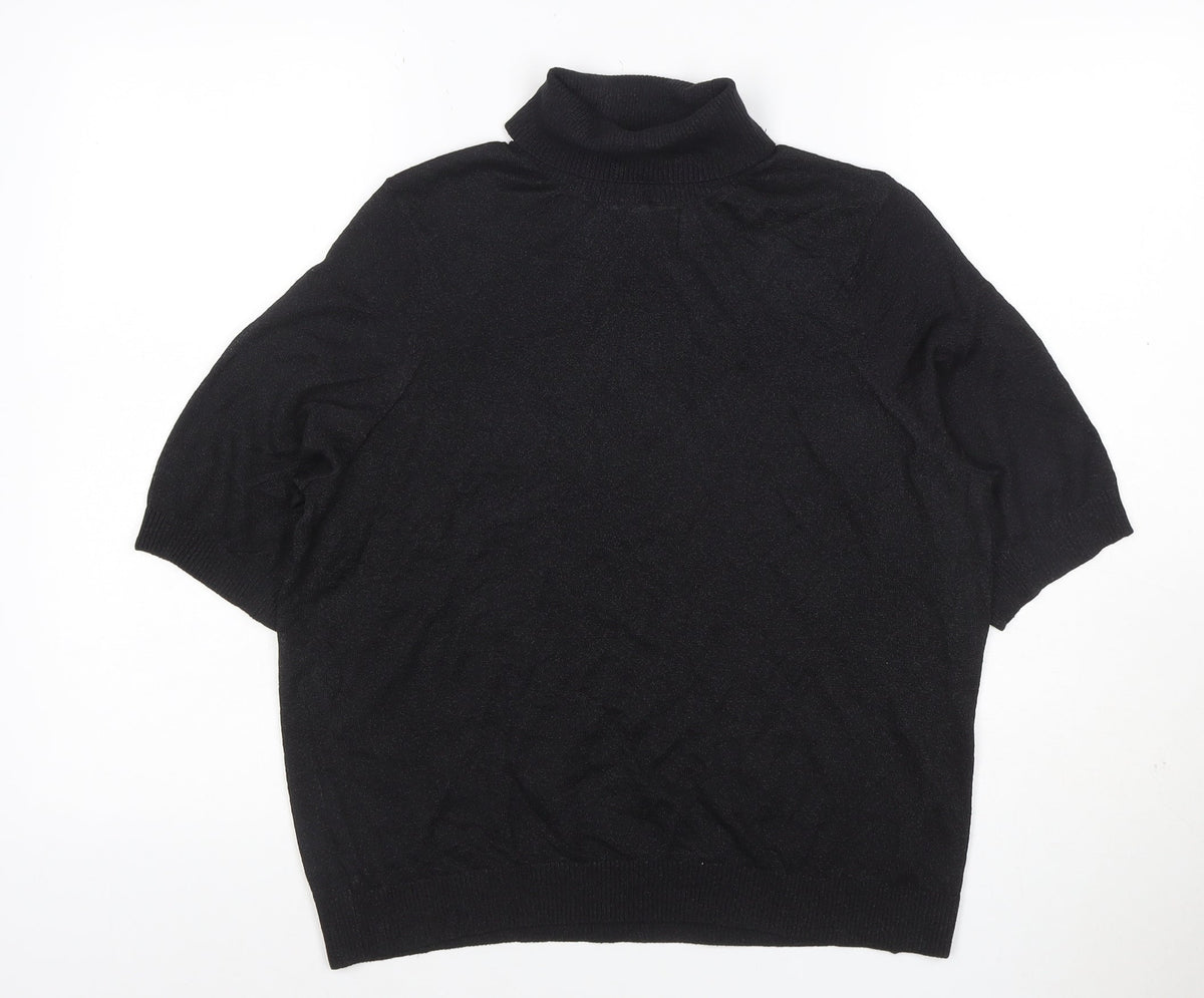 Marks and Spencer Women Black M Roll Neck Short Sleeve Knit Basic Top