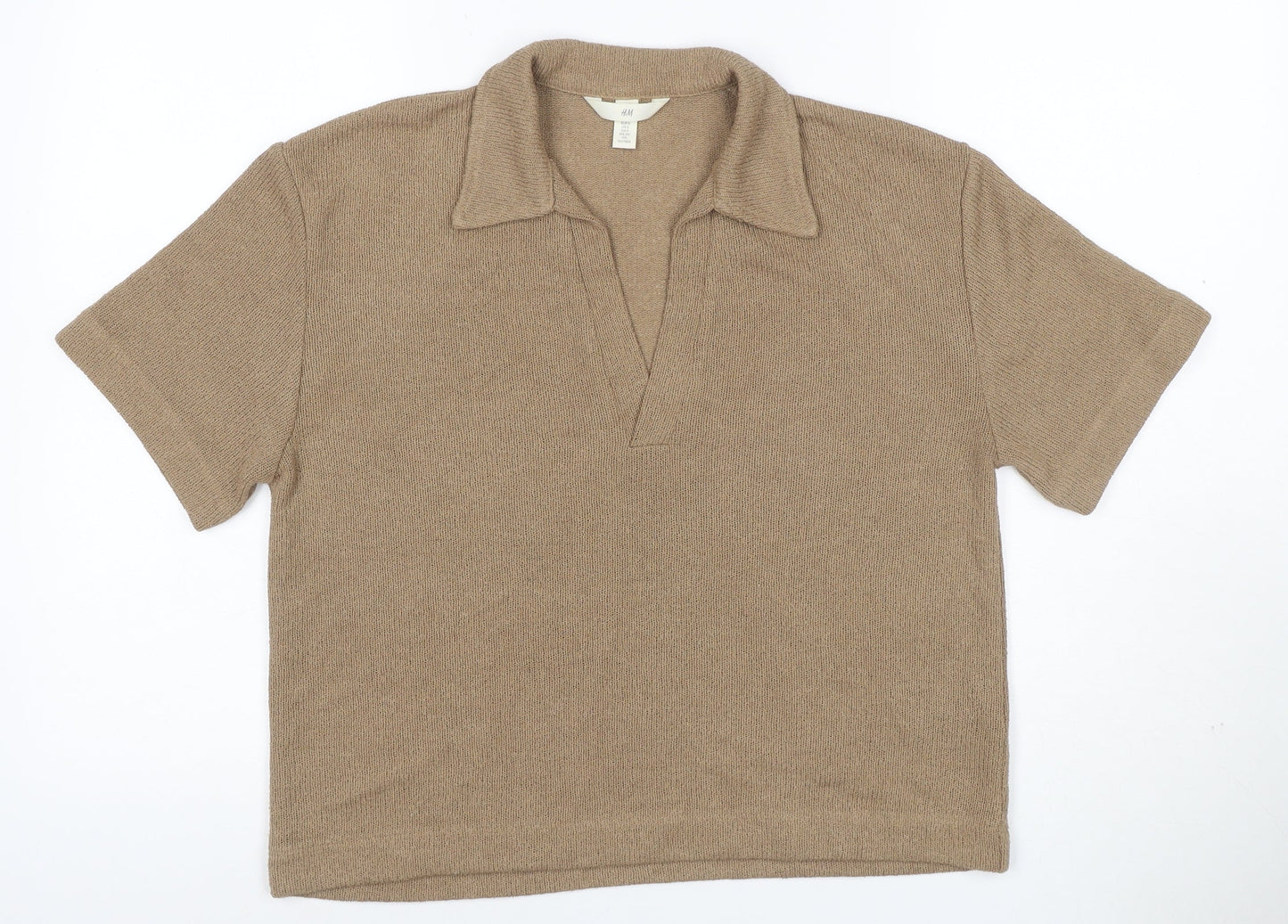 H&M Women Beige UK 10 Collared V-Neck Short Sleeve Alpaca Blend Jumper