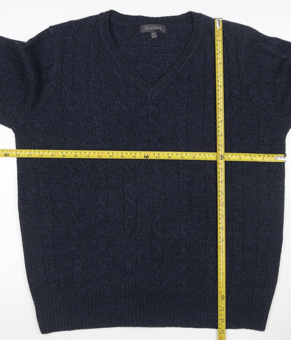 Close-up detail of Sfera Urban Men’s Blue XL Cable Knit V-Neck jumper