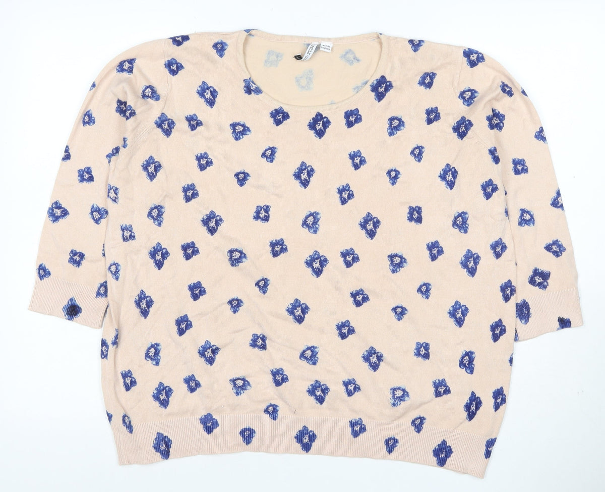 Capsule Women’s Beige Blue Floral Knit Pullover Jumper UK 22 3/4 Sleeve