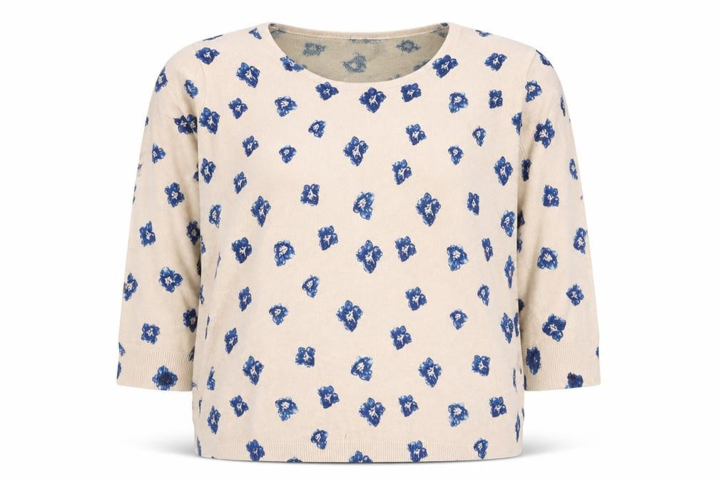 Capsule Women’s Beige Blue Floral Knit Pullover Jumper UK 22 3/4 Sleeve
