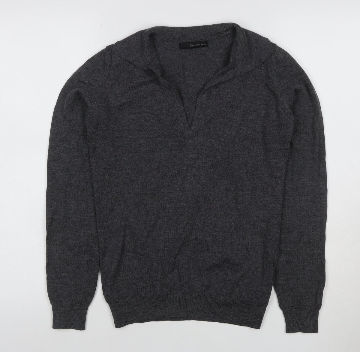 Calvin Klein Jeans Women Grey L Wool Blend Collared V-Neck Jumper