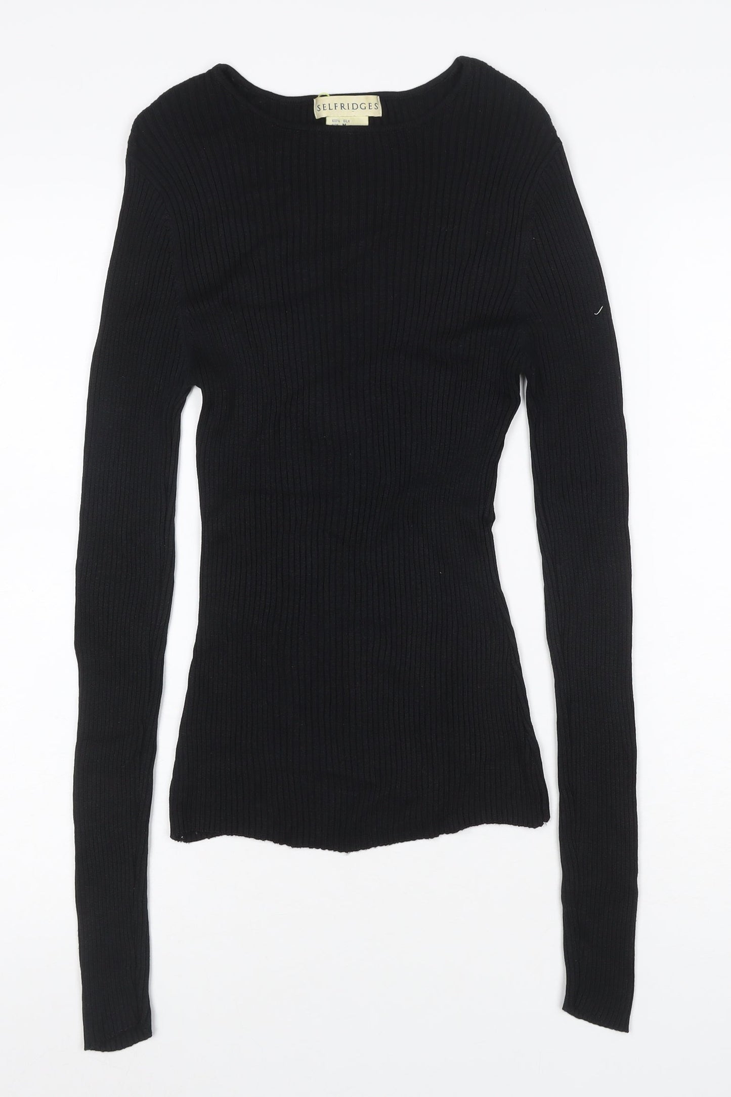 Selfridges Women Black M 100% Silk Rib Knit Long Sleeve Slim Top