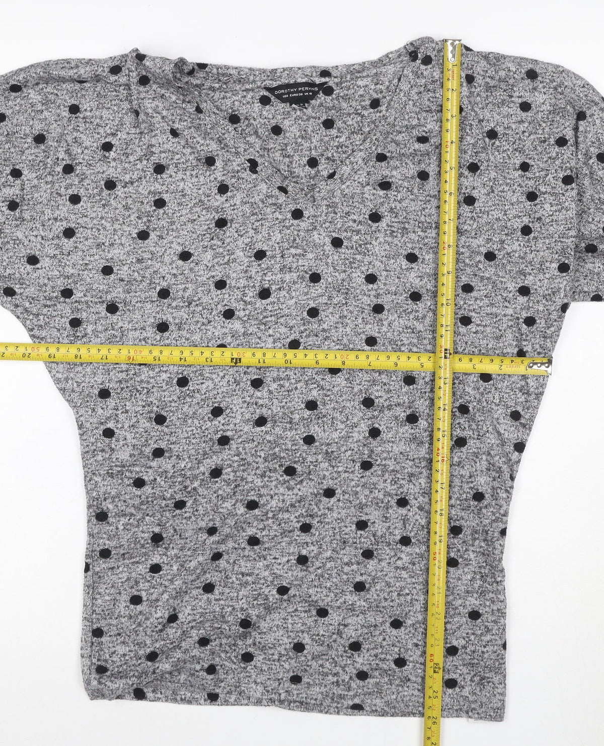 Close-up detail of Dorothy Perkins Women Grey Black Polka Dot V-Neck Dolman Jumper UK 10