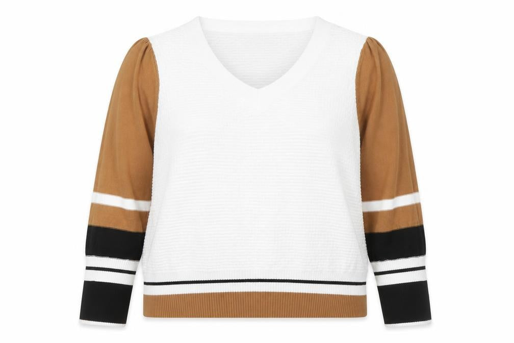 Caroline Biss Women’s UK 16 White Camel V-Neck Puff Sleeve Jumper