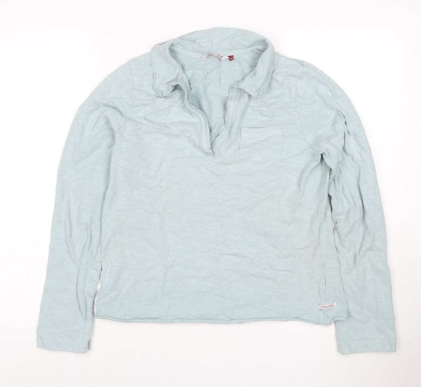 White Stuff Women Blue Size 14 Cotton Jersey 1/2 Zip Long Sleeve Polo Top