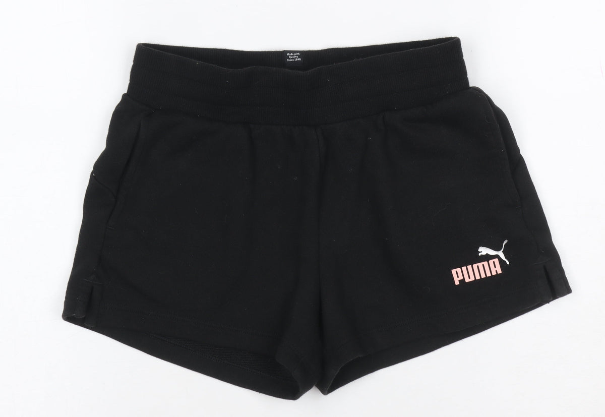 Back view of Puma girls’ black pink logo athletic jersey shorts uk 10 years