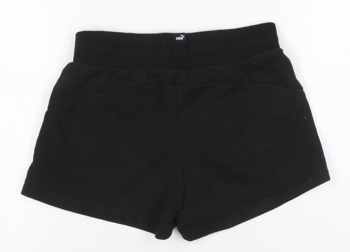 Close-up detail of Puma girls’ black pink logo athletic jersey shorts uk 10 years