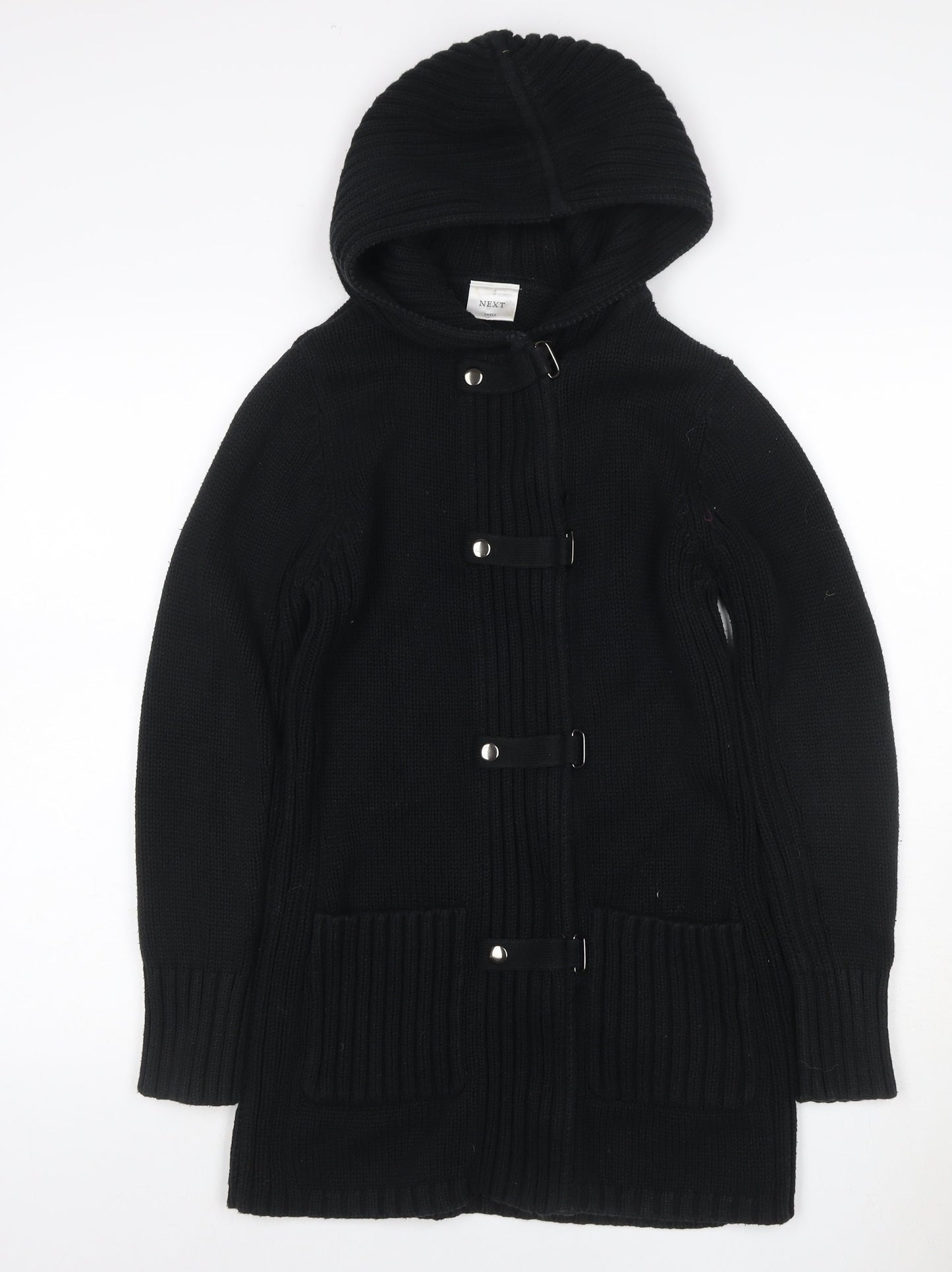 Next Women Black Small Hooded Knit Coatigan Buckle Fastening Pockets