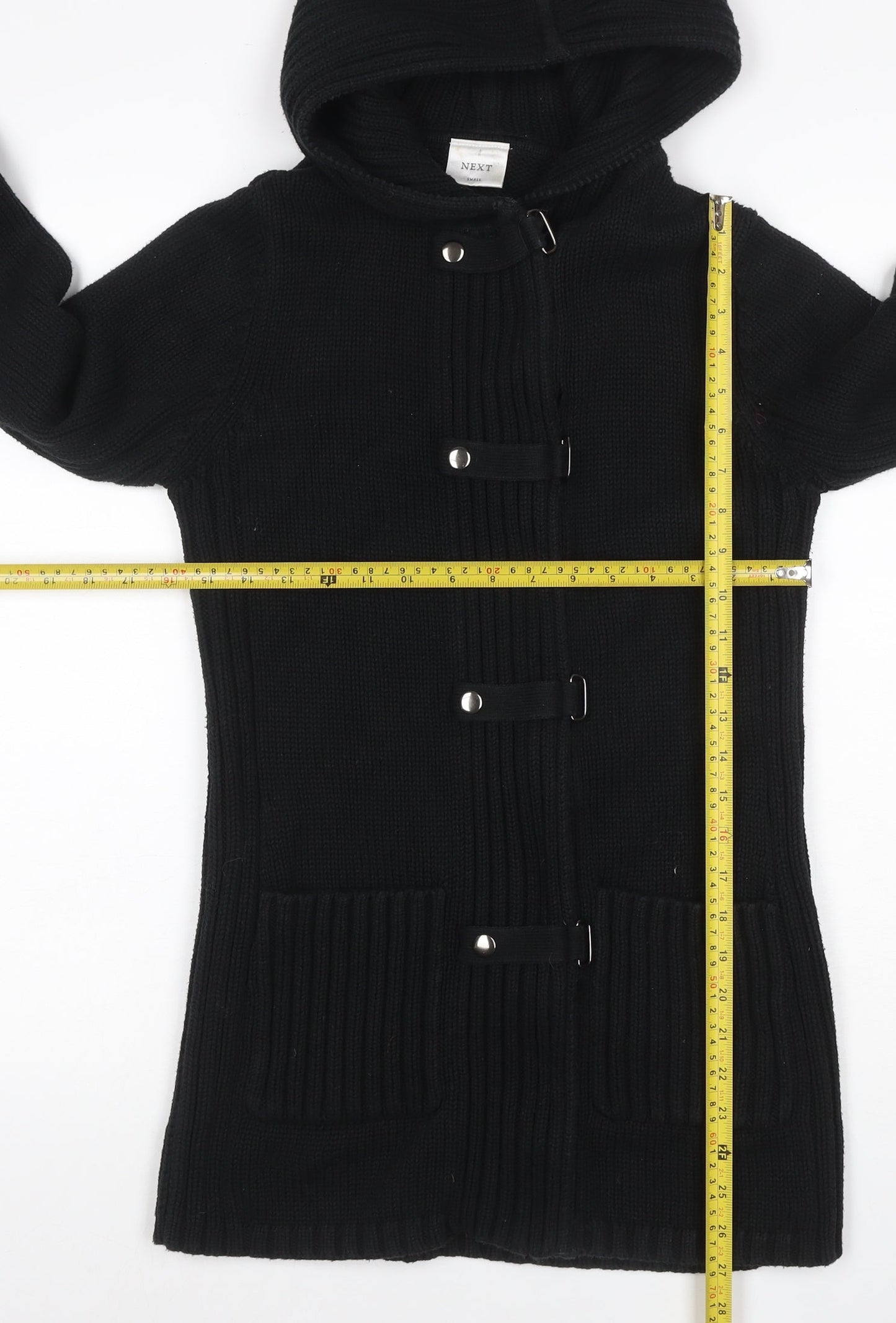 Next Women Black Small Hooded Knit Coatigan Buckle Fastening Pockets