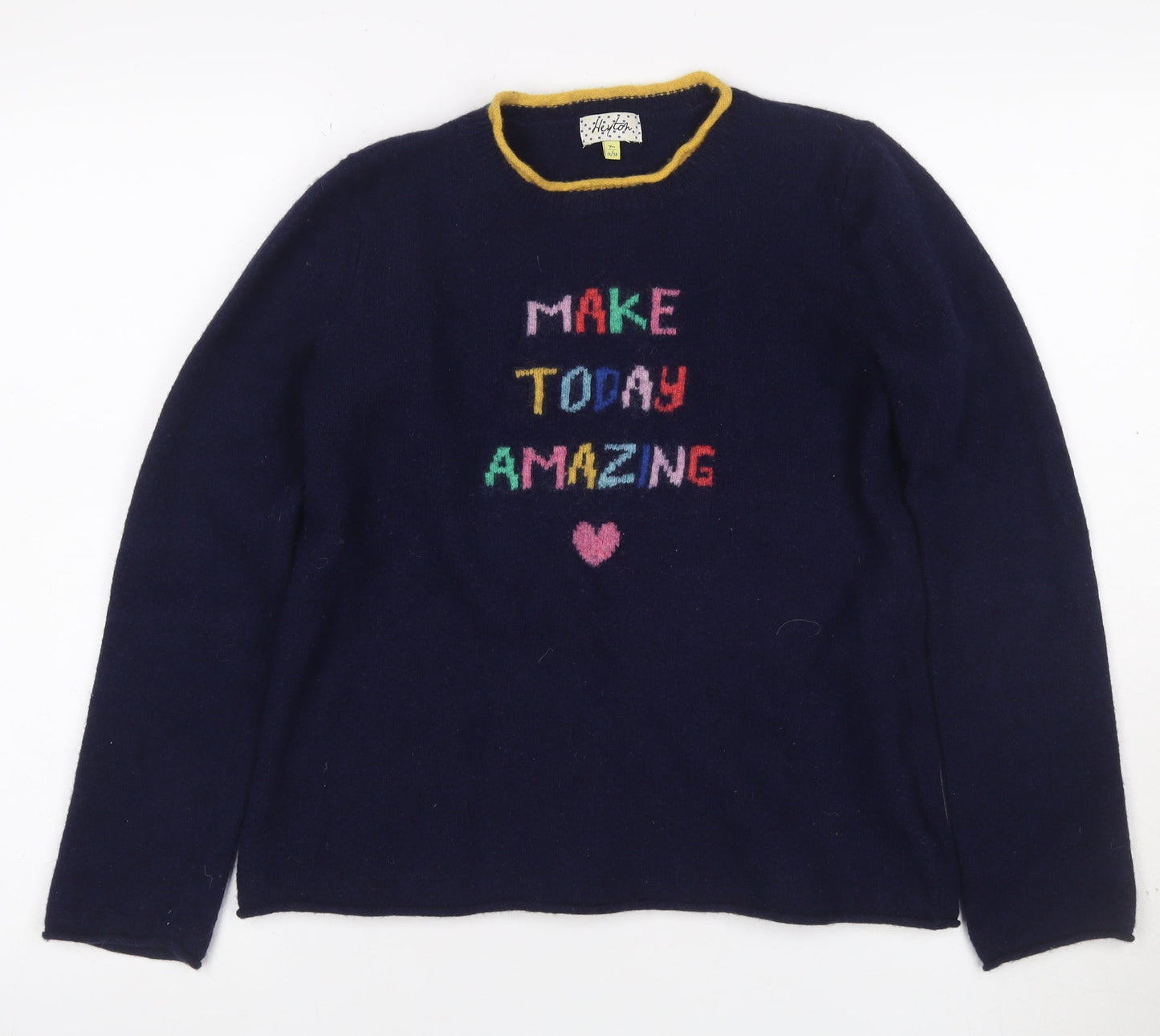 Heyton Women’s Blue Multicolour Size 12 Lambswool Slogan Jumper