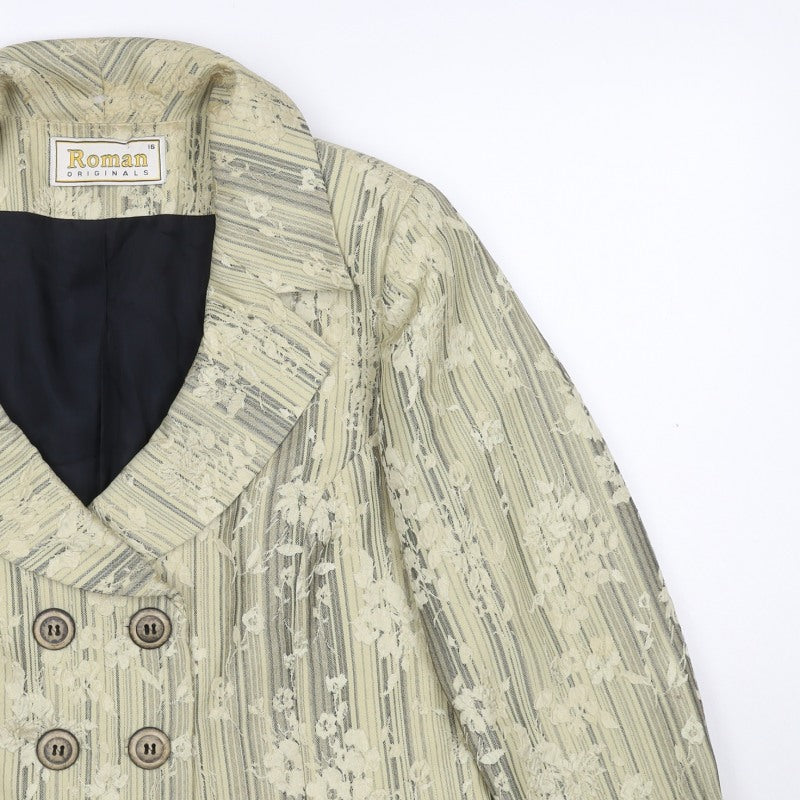 Roman Originals Women Beige Floral Stripe Size 16 Double-Breasted Blazer