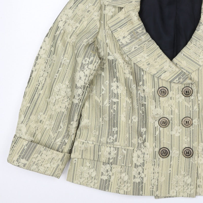 Roman Originals Women Beige Floral Stripe Size 16 Double-Breasted Blazer